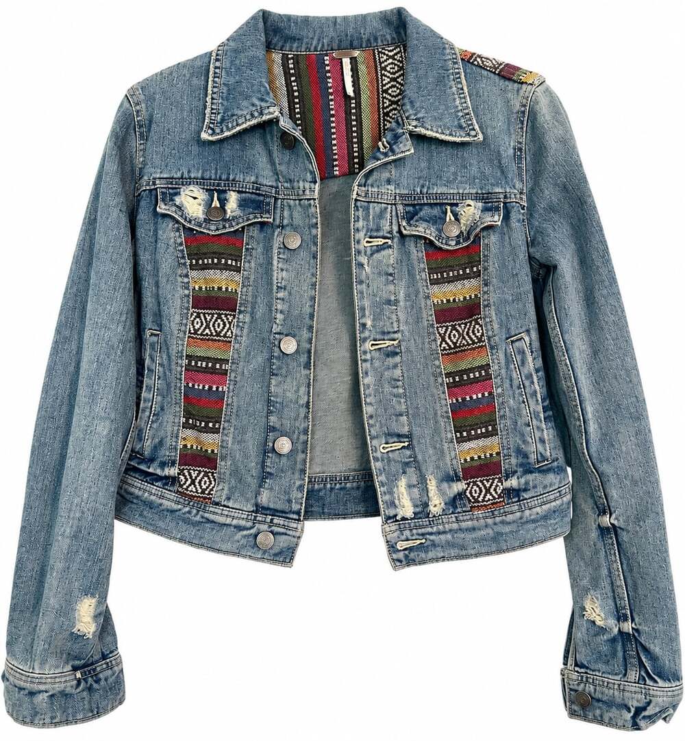 Free People Baja Denim Jacket Size 2 Distressed Aztec
